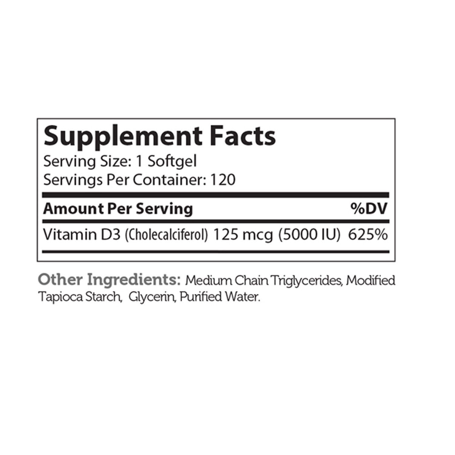 Vitamin D3 5000 IU - 120 Softgels (120 Servings)